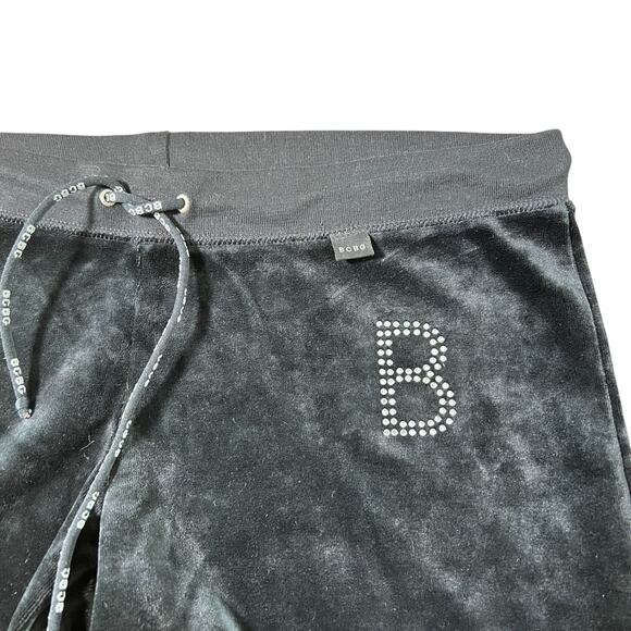 Y2K BCBGmaxazria Velour Rhinestone Logo Straight Leg Pants Black Size Large - Picture 5 of 8